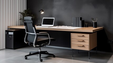 Minimalistic home office interior with clean design, a sleek desk, ergonomic chair, and organized workspace. The simplicity creates focused and aesthetically pleasing environment for productive work.