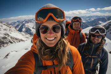 Fototapeta na wymiar Selfie skiers on mountain