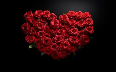 AI illustration of a bouquet of red roses in the shape of a heart on a midnight black background.