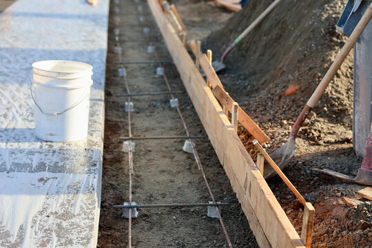 wood forms and metal rebar in place for the concrete pour