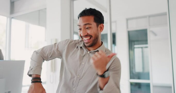 Celebration, office and business people dancing for success, achievement or collaboration goal. Happiness, diversity and teamwork employees doing a happy dance together to high five in the workplace