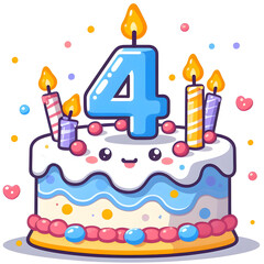 4 year old birthday cake or 4 year anniversary cake celebration with balloons and party decoration no background 