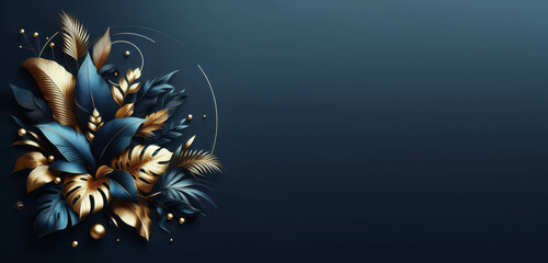 Beautiful dark blue textured background frame with golden and blue leaves. Generative Ai