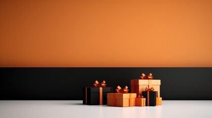 black and orange gift boxes with gold ribbon.black friday sales banner concept - obrazy, fototapety, plakaty