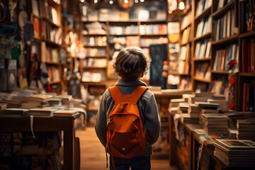 Child Enthusiastically Exploring Books in a Bookstore, Embracing the Joy of Reading Back to School Wonder