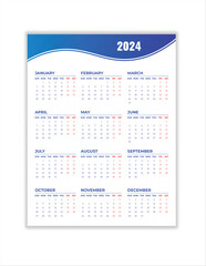 Monthly calendar template for 2024 year. Wall calendar in a minimalist style. Week Starts on Sunday. Planner for 2024 year.2024 simple calender