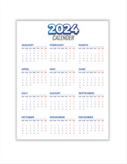 Monthly calendar template for 2024 year. Wall calendar in a minimalist style. Week Starts on Sunday. Planner for 2024 year.2024 simple calender
