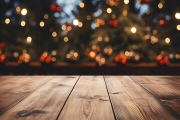 Naklejka na ściany i meble Empty Wooden Table with a Christmas Theme in the Background Ready for Your Holiday Creativity Festive Blank Canvas