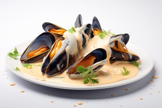 Plate of mussels in cream sauce with herbs on white background