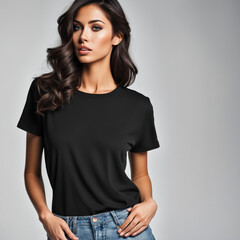 Beautiful young brunette woman wearing a black plain t-shirt and blue jeans on an isolated background - obrazy, fototapety, plakaty