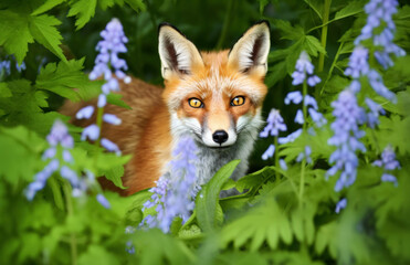 Portrait of a red fox among bluebells in spring