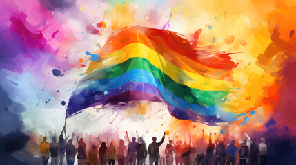 Watercolor, abstract colorful art painting of people waving rainbow flag, silhouettes with fists raised at LGBTQ pride parade. Generative AI illustration.
