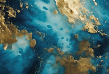 Abstract art with blue and gold background with beautiful smudges and stains made with alcohol ink 