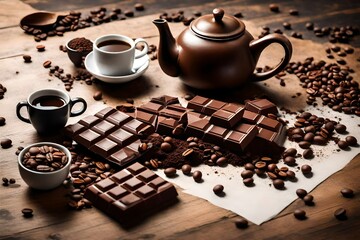 chocolate with coffee and teapot on table