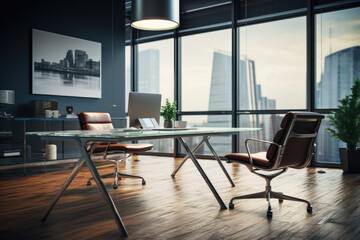 A desk with a chair and a laptop on it. Suitable for business and office concepts