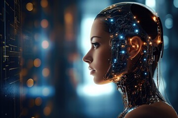 A woman wearing a futuristic suit is seen looking at a computer screen. This image can be used to depict technology, innovation, or the future