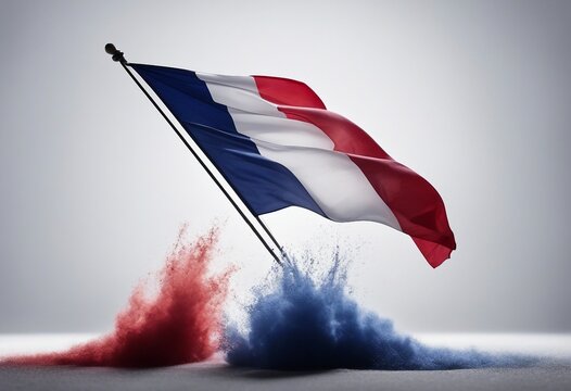 French wave flag fine powder exploding on a white background