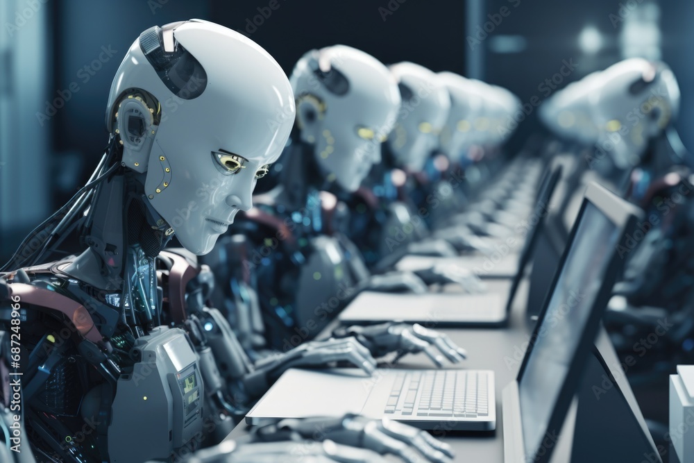 Poster a row of robots sitting in front of laptops.