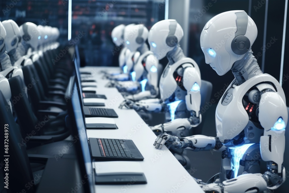 Poster a group of robots sitting in front of computers, ready to work. ideal for technology and automation 