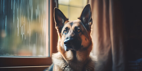 Purebred German Shepherd puppy sitting indoors looking at camera obediently , luffy black German Shepherd puppy, loyal friend, sitting outdoors, generative AI - obrazy, fototapety, plakaty