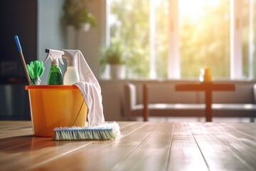 A bucket of cleaning supplies sitting on a wooden floor. Perfect for illustrating household cleaning or janitorial services