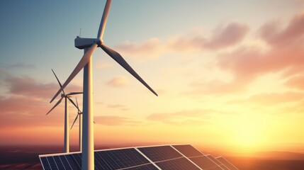Closeup windmill turbine with clean energy solar panels at sunrise. AI generated image