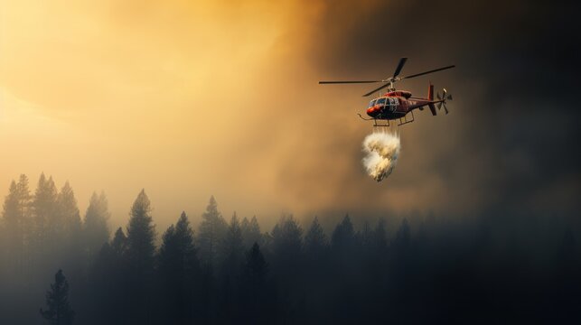 Dramatic view of Helicopters are extinguishing forest fires. AI generated image