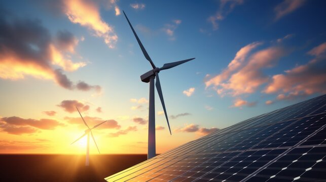 Closeup windmill turbine with clean energy solar panels at sunrise. AI generated image