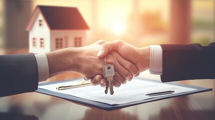  keys documents and handshakes against bought house symbolizing successful completion of transaction - obrazy, fototapety, plakaty