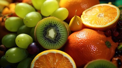 Naklejka na ściany i meble kiwi, tangerines and grapes, creating a spectacular fruit mix