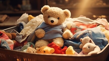 children's toys and clothes thrown into an old container, emphasizing the difficulties of processing textile products