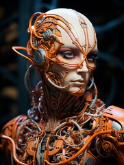 A digital artwork of a female cyborg, blending human and robotic elements, in a futuristic and imaginative depiction of technology and humanity.