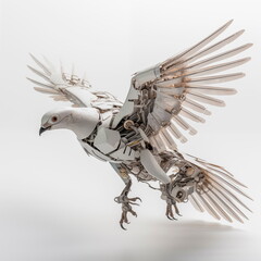 A futuristic depiction of a cyborg dove, blending nature and technology in a surreal manner.