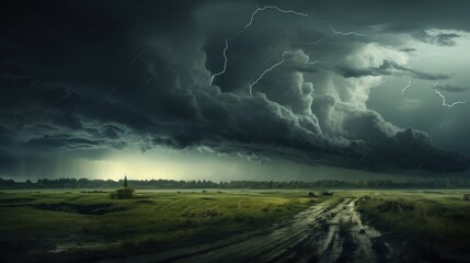 Naklejka na ściany i meble Dramatic atmosphere of dark clouds rainstorm landscape background. AI generated image