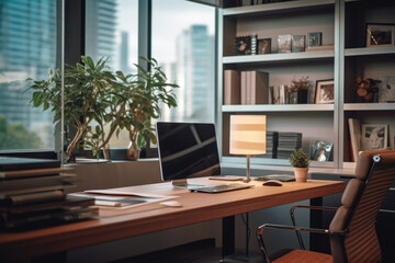 Fototapeta premium A desk with a laptop computer and a plant. Suitable for office and workspace themes