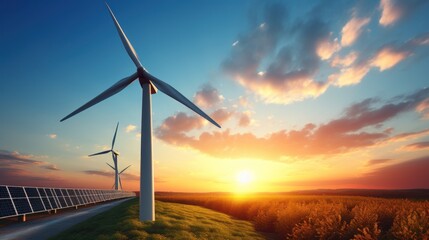 Closeup windmill turbine with clean energy solar panels at sunrise. AI generated image - obrazy, fototapety, plakaty