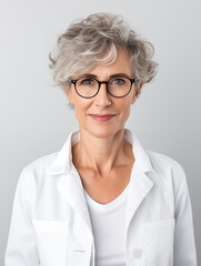 Fototapeta premium A front-view portrait of a female doctor, scientist, or researcher in a white coat, exuding professionalism and expertise in a controlled environment.