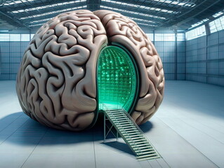 A striking conceptual image of a giant walk-in brain model used for research, merging science and art in a surreal display of innovation.