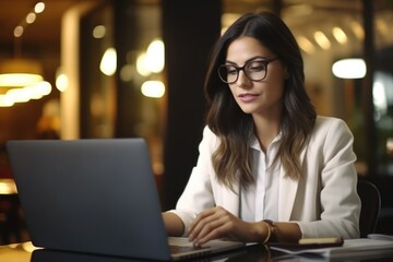 Woman sitting at a table using a laptop computer. Suitable for illustrating technology, remote work, online communication, and productivity concepts