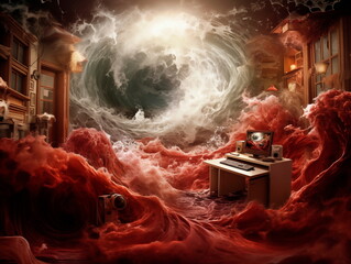 A surreal scene of an internet content creator's room flooded by a flash flood of red water, creating a striking and chaotic visual. - obrazy, fototapety, plakaty