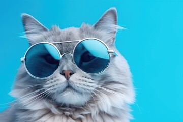 A cat wearing sunglasses poses on a blue background. Perfect for pet lovers and summer-themed designs