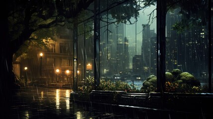 The rainy atmosphere at night outside the building can be seen from inside the room. AI generated - obrazy, fototapety, plakaty
