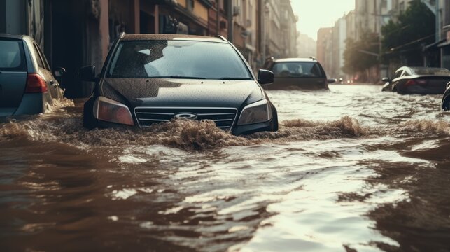 A car was submerged in floodwater on a city street. AI generated image
