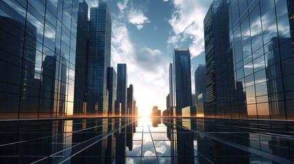 City skyscrapers with tall glass office buildings at sunny day. AI generated image
