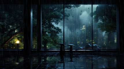 The rainy atmosphere at night outside the building can be seen from inside the room. AI generated