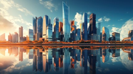 City skyscrapers with tall glass office buildings at sunny day. AI generated image - obrazy, fototapety, plakaty