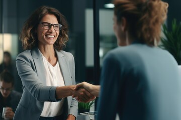 Obraz premium A professional woman shaking hands with a man dressed in a business suit. Suitable for corporate, networking, and partnership concepts