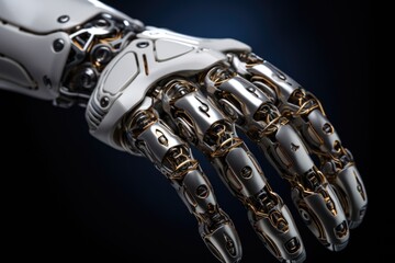 A close-up of a robotic hand with a chain around it. Can be used to depict concepts of technology, control, or bondage