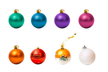 Collection of colorful Christmas baubles isolated against a transparent background. Png background...