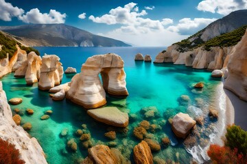 Beautiful panorama with the Mediterranean sea in Greece. crystal and colorful water, rocks